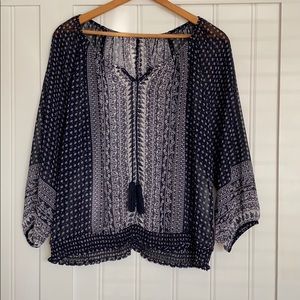 Boho Navy and White Printed Peasant Top